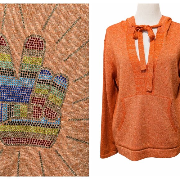 Le Superbe Womens Size M Orange Metallic Peace Sign Wool Cashmere Hooded Sweater - Picture 7 of 12